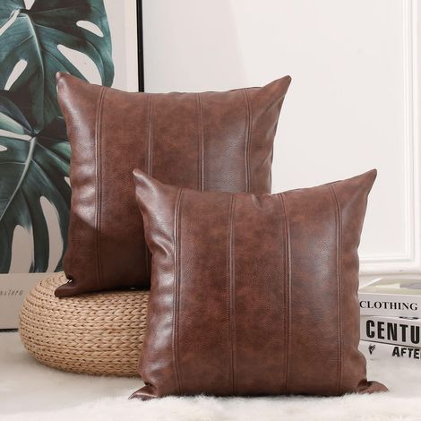 Lot de 2 Housse de Coussin Faux Cuir Doux Rayures Taie d'oreiller Décoration de Coussin Canape Lit Chambre Salon Jardin Fauteuil Style Boheme 45x45 cm Brun foncé (1/5)