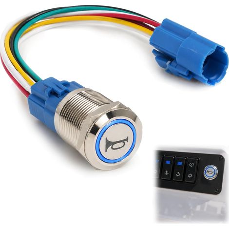 16mm Bouton-poussoir de klaxon momentané avec LED bleue, interrupteur 12V 5A/250VAC, interrupteur de réinitialisation en métal avec prise pré-câblée,pour voitures et camions,installation facile (1/5)