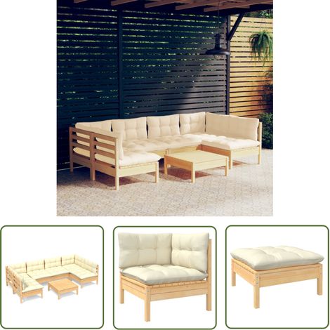 The Living Store 7-tlg. Garten-Lounge-Set mit Creme Kissen Massivholz Kiefer - Gartengeräte - Gartenmöbel - Lounge Set - Kiefernholzmöbel - Outdoor Möbel (1/5)