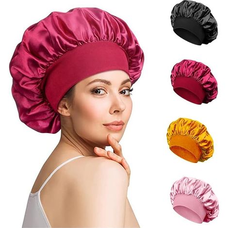 Seiden Haube, 4 Stück Seidenhaube zum Schlafen, Schlafhaube Seide Silk Hair Bonnet Silk Hair Bonnet Sleep Cap für Die Nacht Damen mit Verstellbare Bindeband (1/5)