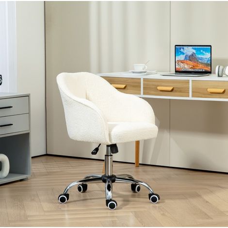 Silla de oficina ergonómica de tela efecto teddy, giratoria, altura regulable, blanco crema (1/5)
