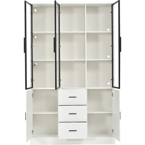 Vitrina alta de salón con puertas de cristal LED RGB y 3 cajones 120 x 30 x 200 cm blanca (1/5)