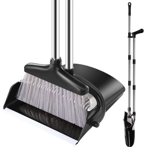 Long Handled Dustpan and Brush Set - Broom and Dustpan Set Reducing Bending Large Dustpan and Sweeping Brush Set (Black/Grey) (1/5)