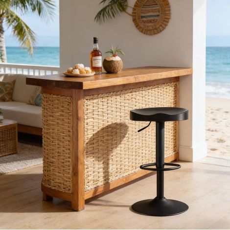 Taburete de bar de madera maciza y metal negro, giratorio, regulable en altura (1/5)