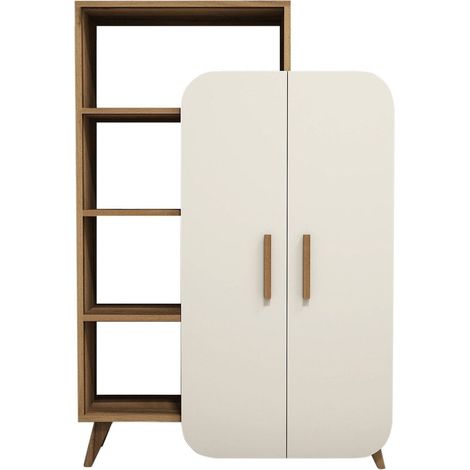 Bibliothèque 2 portes 4 niches bicolore blanc et effet Noyer 90 cm - Zia