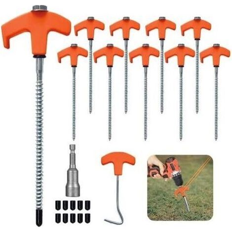 Lot de 10 Piquet De Tente a Visser, Piquets De Tente en Acier avec Filetage Et Support De Corde, Ancrages Au Sol à Visser Accessoires pour Tente, Piquet Auvent pour Le Camping pour Sol Dur et (1/5)