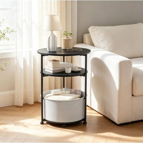 Table d’appoint ronde noire en tissu et métal avec panier de rangement, 43 x 56 cm (1/5)