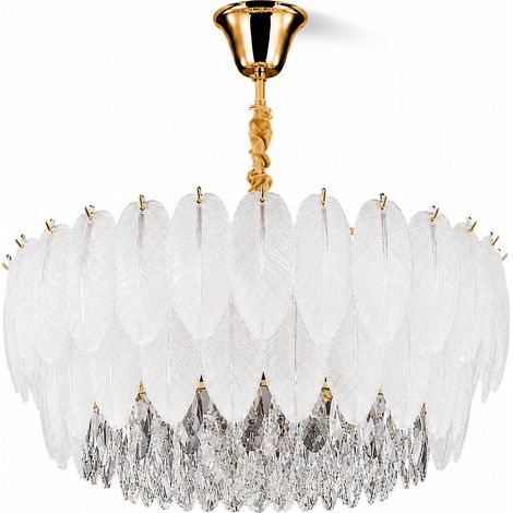 Lustre Plume Cristal D50, Suspension Plafond Dorée E14 pour Chambre, Salon et Salle à Manger