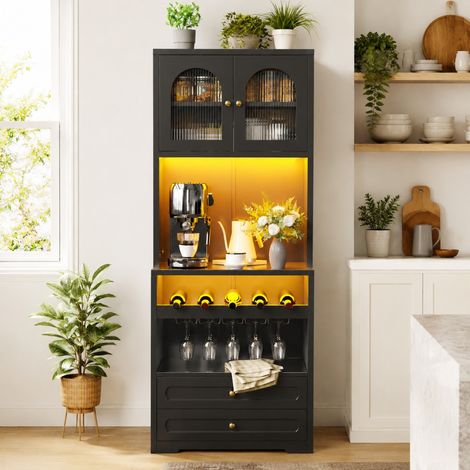 Credenza alta nera 70 x 40 x 180 cm con LED App, ripiani regolabili, USB DESVIAE (1/5)