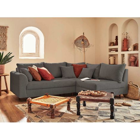 Lisa Design – Canapé d'angle droit 4 places en velours côtelé gris foncé – Assise capitonnée – Structure bois massif – Dimensions L231 x P161 cm