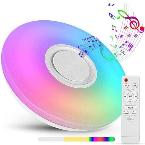 Plafoniera a LED RGB da 36 W con altoparlante Bluetooth, telecomando e controllo tramite app, temperatura colore 3000-6500 K, ideale per cameretta bambini e soggiorno.