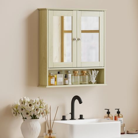 Armario de baño de pared con espejo, 56 x 13 x 58 cm, mueble de baño con puertas dobles con espejo, acabado en madera natural.