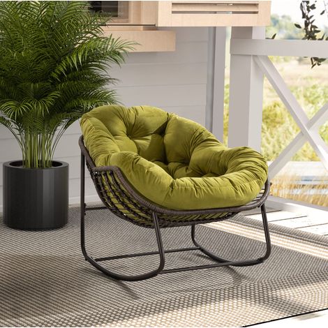 Silla mecedora de exterior de ratán con cojín, 78 x 106 x 90 cm, oliva, REDOM (1/5)