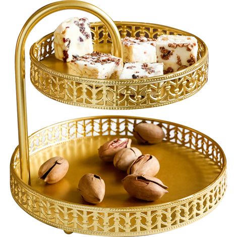 Plateau à Pâtisserie Double Couche Doré Cuivré Décoratif pour Présentation de Desserts, Gâteaux et Cérémonies de Mariage (1/5)