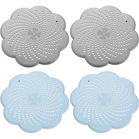 Un ensemble de 4 filtres de vidange universels en silicone - collecteur de cheveux de douche et filtre à cheveux de baignoire - adaptés aux éviers, cuisines et douches, 2 gris + 2 bleus. (1/5)