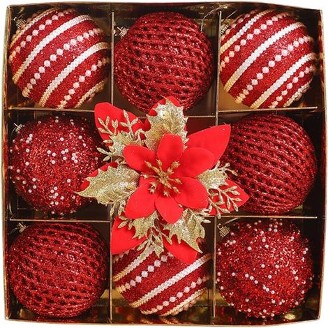Set di 9 palline decorative di Natale - Palline di plastica scintillanti da appendere - Decorazione da appendere per l'albero di Natale - Decorazione per la casa e le feste (Rosso, 8 cm)