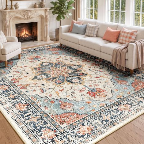 Vintage Tapis de Salon 244x305 cm Lavable Beige/Bleu/Orange Tapis Salon, Tapis Chambre, Lavable en Machine, Vintage, Boho, Rétro, Antidérapant, Cuisine, Salle à Manger, Douce, OEKO (1/5)