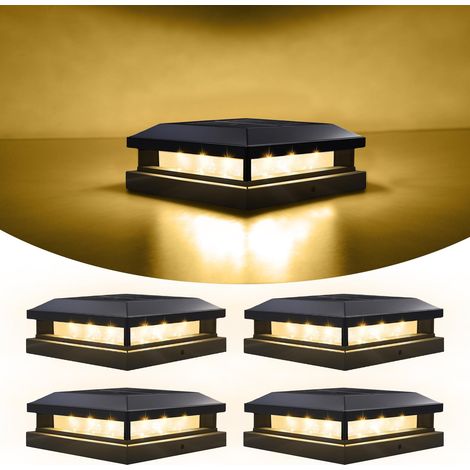 Lot de 4 lampes solaires d'extérieur pour poteaux de 10 x 10 cm, 11,4 x 11,4 cm, 12,7 x 12,7 cm, poteaux de clôture étanches à énergie solaire avec éclairage chaud/froid, éclairage noir (1/5)