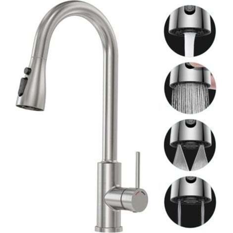 Robinet Cuisine avec Douchette Extensible Mitigeur - SREWOHS PRO Rabattable Mitigeur Robinet Evier de Cuisine avec 4 Douchette Modes, 360° d'Évier à Arc Élevé Acier Inoxydable Robinet Cuisine (1/4)