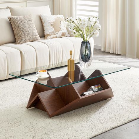 Table basse multifonctionnelle en verre trempé et MDF, finition noyer, avec compartiments spacieux pour les objets du quotidien, idéale pour le salon ou le bureau.