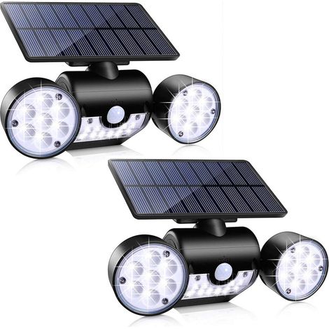 Lumières Solaires à Détection de Mouvement Projecteurs à Double Tête LED Éclairage Extérieur Étanche pour Porte d’Entrée Garage 2pcs (1/5)