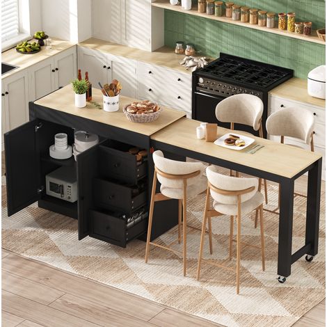 Isola cucina su ruote estensibile con portaspezie e 3 cassetti, nero HAVRYA (1/5)