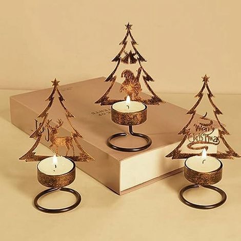 Support À Bougie En Métal - Support Pour Luminaire De Table De Noël - Forme De Renne Arbre De Noël Père Noël - 3 Pièces (1/5)