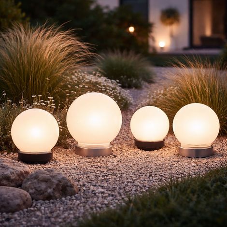 4x LED Solar Kugel Leuchten Garten Weg Beet Beleuchtung Außen Erdspieß Steck Lampen weiß