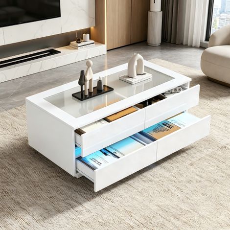 Tavolino da caffè moderno bianco 100x50x40 cm, tavolino con 4 cassetti, illuminazione a LED, piano in vetro temperato e frontali lucidi, robusto tavolino da soggiorno in truciolato con portata di 35 k (1/5)