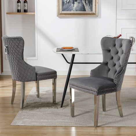 Sedia da pranzo, sedia da soggiorno e cucina con schienale singolo, sedia imbottita con finiture a chiodi, gambe di supporto in metallo, rivestimento in velluto, grigio, 2 pezzi
