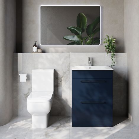 Napoli 460 Deep Blue 600mm 2 Drawer Vanity Unit and Tacoma Comfort Height Toilet Suite with Angel Basin - 600mm - Chrome 320mm Handle