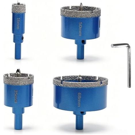 Kit de 4 forets diamantés pour carrelage (16/35/50/68 mm) – Couronne diamantée et scie-cloche avec foret de centrage – Foret pour perçage à sec (céramique, granit, grès cérame, verre, maçonnerie) (1/5)