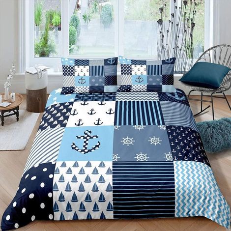 Bettwäsche Set 200x200cm mit Anker & Kompass Motiv, 3-teilig, Kinder & Jungen Schlafzimmer Deko