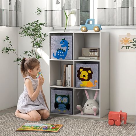 Bibliothèque enfant avec 6 cubes de rangement et 3 bacs, meuble jouets stable avec anti-basculement, gris, pour chambre d'enfant  CHICFURN (1/5)