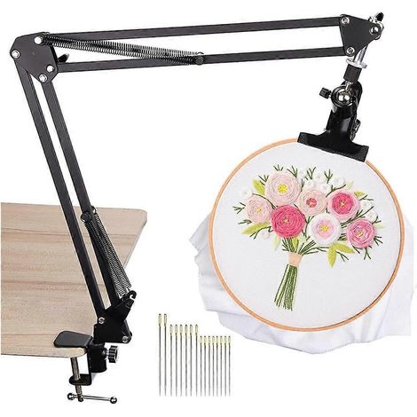 Support de broderie en métal réglable, porte-cercle à broder rotatif à 360°, avec 16 aiguilles à broder pour travaux manuels. (1/4)