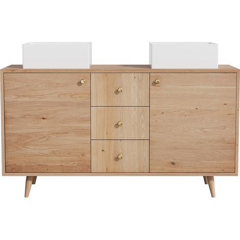 Mobile bagno in rovere massello con lavabo da appoggio quadrato Naturale chiaro 145 cm - ZARENO (1/4)
