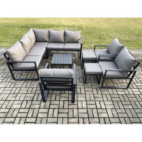 Fimous 10 Seater Outdoor Aluminium Garden Furniture Set Corner Lounge Sofa Set with Square Coffee Table Chair 2 Small Footstools Dark Grey (1/5)
