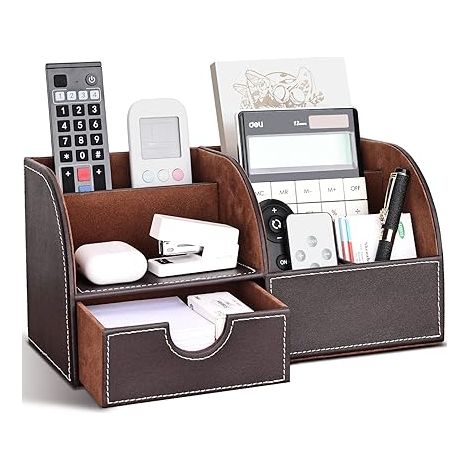 Organisateur de Bureau Multifonctions Pot a crayon en Cuir Rangement Bureau Organisateur avec tiroir (Marron) (1/4)