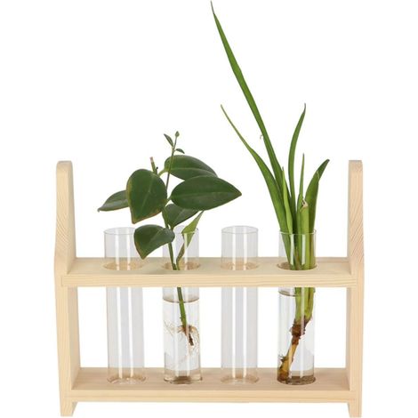 Soporte de madera con tubos para flores