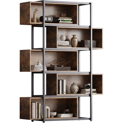 ELVMI Librería de 5 Estantes Abiertos con Sistema Antivuelco para Salón de MDF Marrón y Negro (1/5)