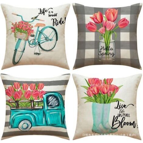 Set of 4 Outdoor Cushion Covers, Waterproof, Modern Linen, 45x45 cm, Spring Flowers Pattern, Sofa Decor, Garden (1/4)
