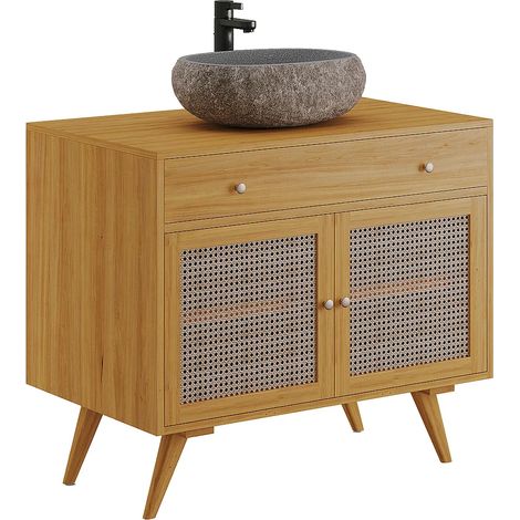 Meuble de salle de bain en teck clair et cannage avec vasque en pierre - 90 cm - MANSULAN (1/5)