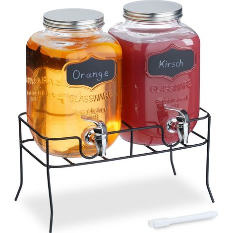 Relaxdays 2 Dispenser in Vetro per Bevande da 4 L, Erogatore con Rubinetto e Supporto, Distributore Acqua e Limonate