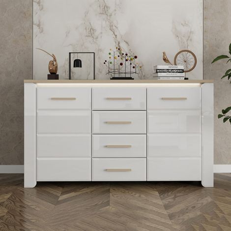 Aparador Barone, Alacena 4 Cajones, 3 Estantes, Puerta Batiente, Corredera, 154x41x88h cm Blanco (1/5)
