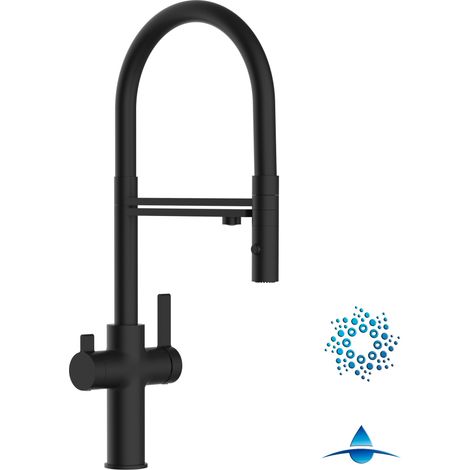 Robinet de Cuisine Mitigeur 4 Voies noir mat pour système de carbonatation et filtration/purification d'eau bec noir orientable et douchette 2 jets détachable FC VIZIO (1/5)