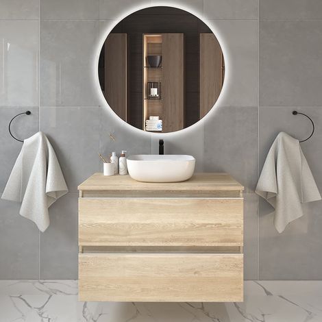 Meuble de salle de bain 2 tiroirs avec vasque à poser arrondie BALEA et miroir rond Led SOLEN - 80cm (1/5)