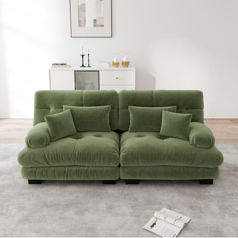 Divano angolare cloud 2 posti in ciniglia verde con 2 cuscini lombari e 2 decorativi (1/5)