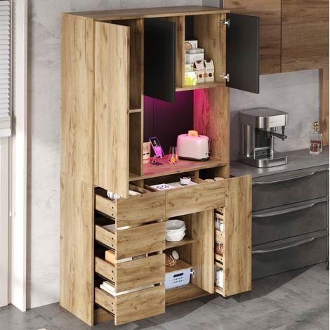 Hoher Küchenschrank 105x40x185 cm aus MDF in Schwarz/Natur mit LED – MEUBLIV (1/5)