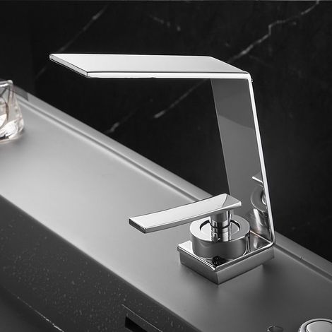Robinet de salle de bain de style cascade, installation sur comptoir, robinet mélangeur d'eau chaude et froide (chromé). (1/4)