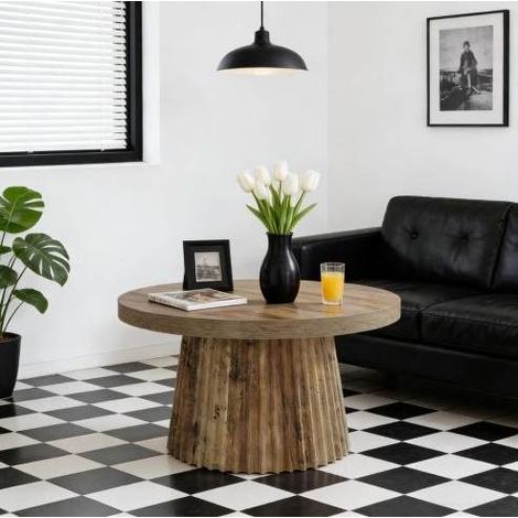 Table basse ronde en MDF marron, 80 cm, style moderne avec base colonne rainurée (1/5)